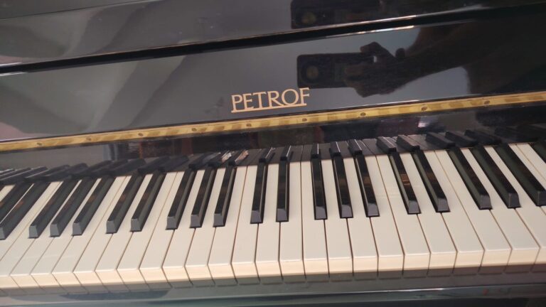 Piano droit Petrof P 100 Sonatina noir brillant, clavier et logo