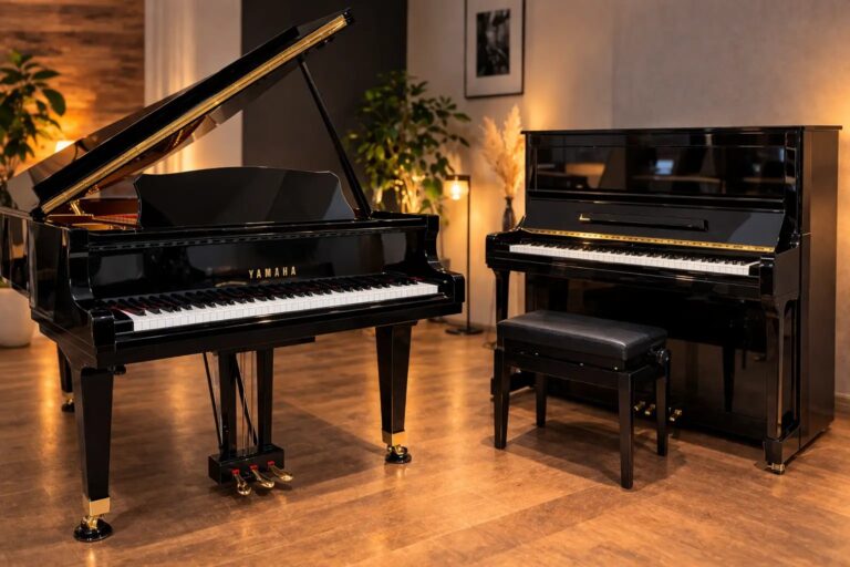 Piano droit et piano à queue côte à côte