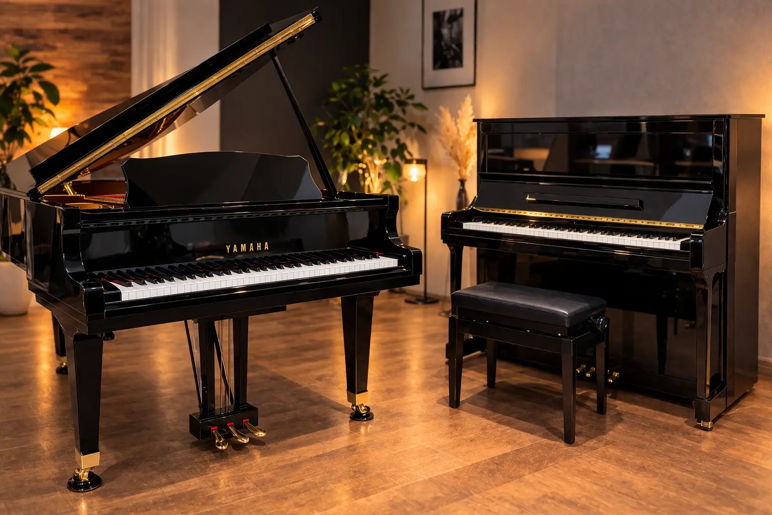 Piano droit et piano à queue côte à côte