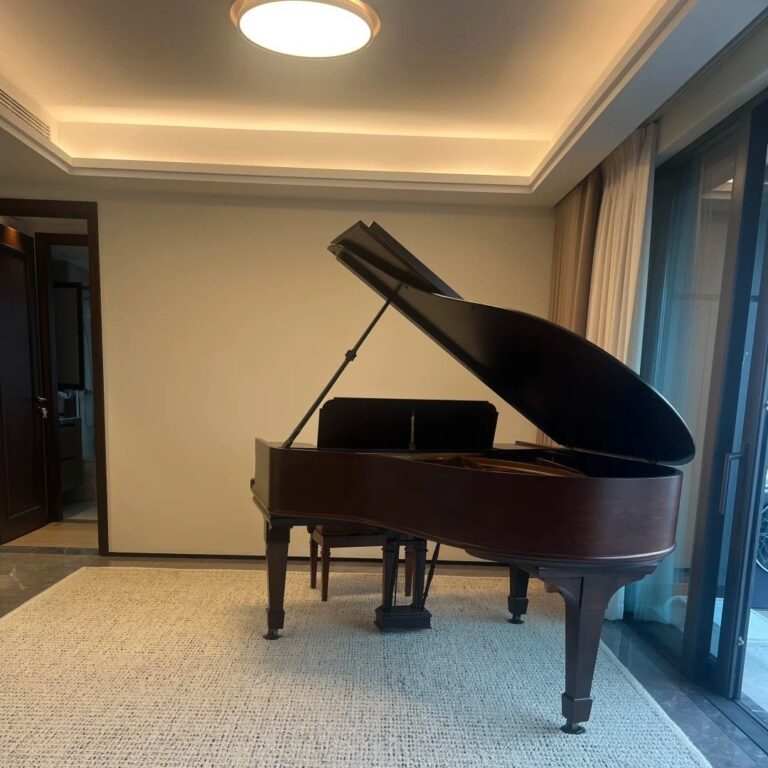 Piano à queue installé dans une maison de famille